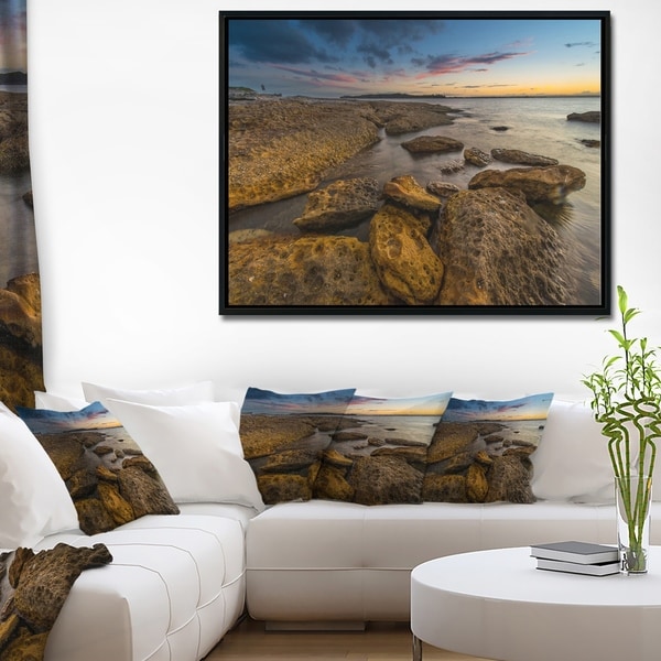 Designart 'Large Brown Rocks at Sydney Beach' Large Seashore Framed Canvas Print