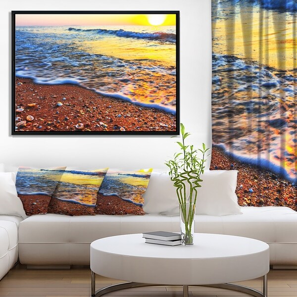 Designart 'Sunset Reflecting in Blue Waves' Large Seashore Framed Canvas Print