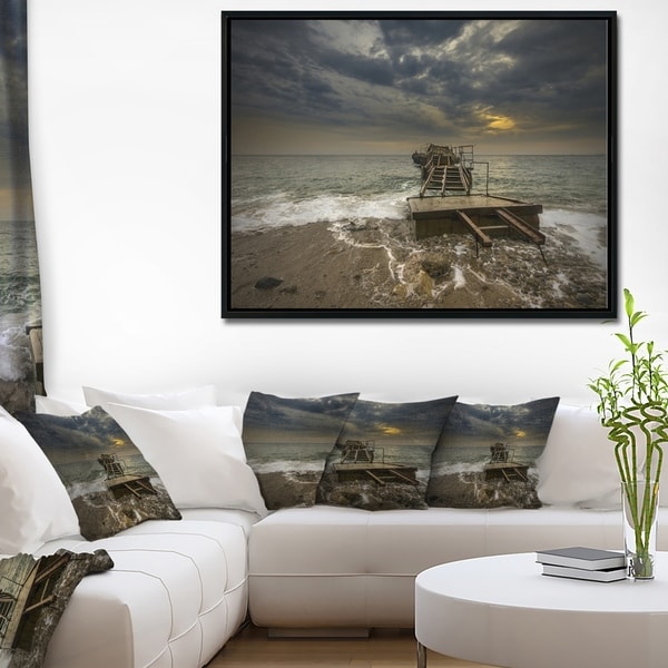 Designart 'Ruined Wooden Pier for Boats at Sunset' Sea Bridge Framed Canvas Art Print