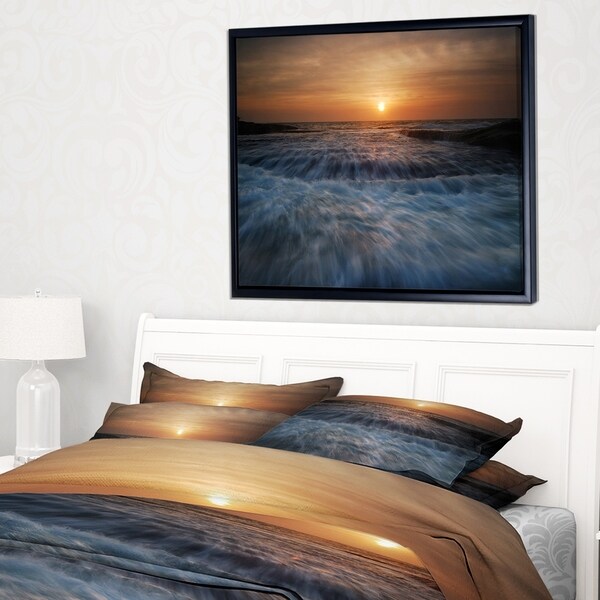 Designart 'Sunrise over Rushing White Waves' Modern Beach Framed Canvas Art Print