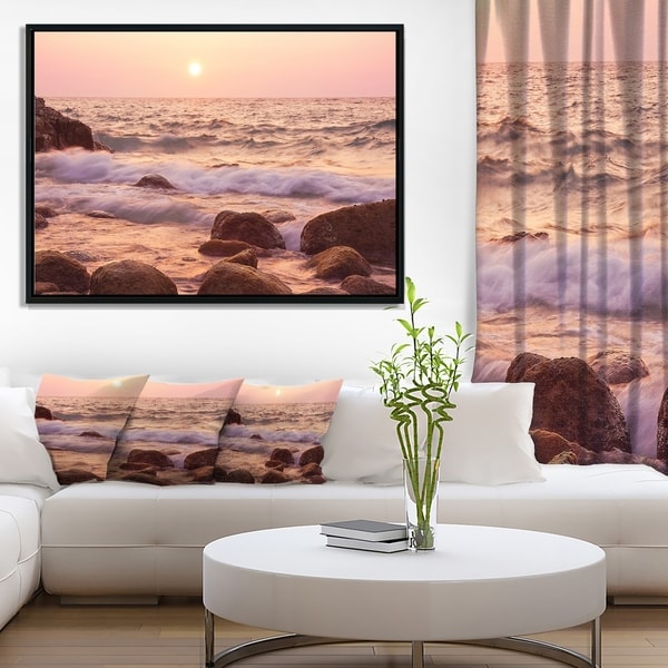 Designart 'Foam Waves Hitting Rocky Coast' Large Seashore Framed Canvas Print