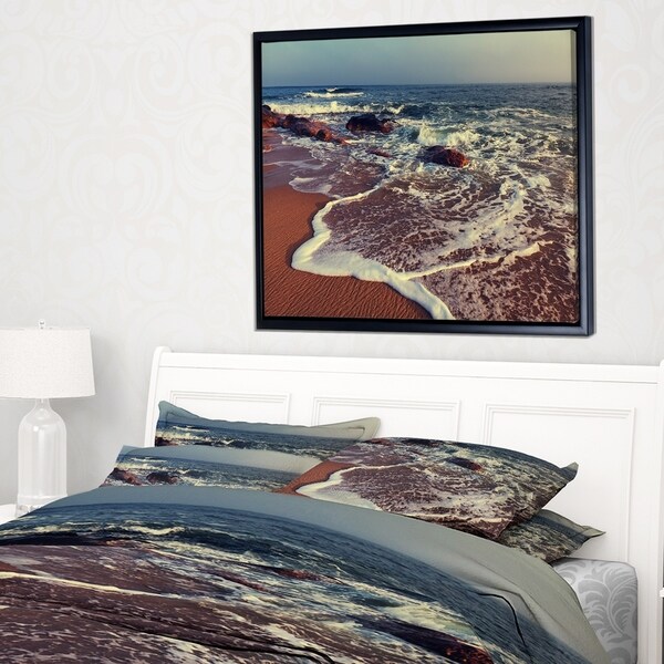 Designart 'Foaming Waves Kissing Wide Beach' Large Seashore Framed Canvas Print