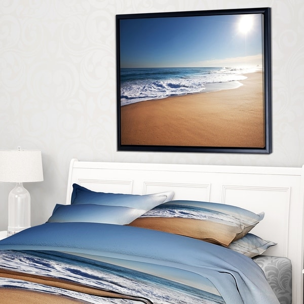 Designart 'Calm Blue Seashore with White Sun' Large Seashore Framed Canvas Print