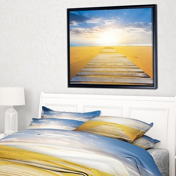 Designart 'Wooden Road at Blue Sea Beach' Sea Bridge Framed Canvas Art Print