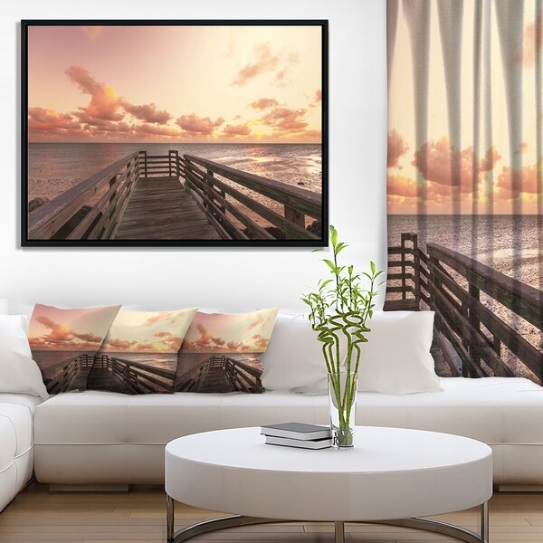 Designart 'Boardwalk on Beach Wooden Pier' Sea Bridge Framed Canvas Art Print