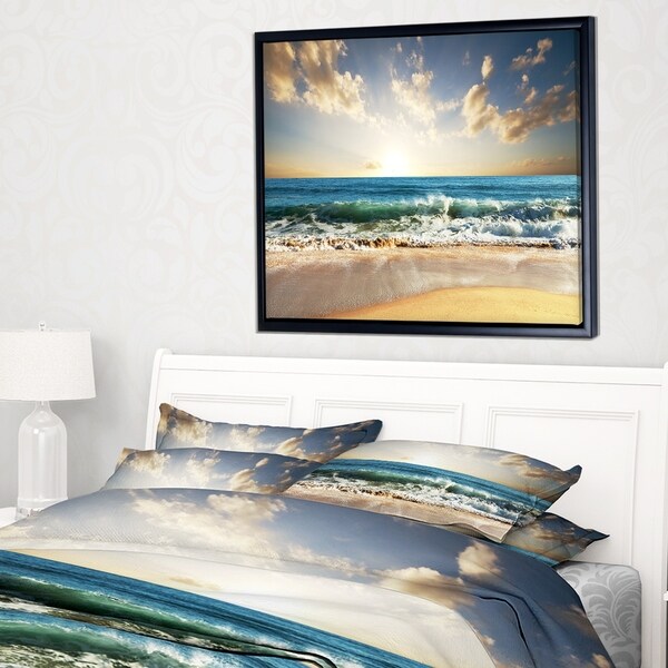 Designart 'Cloudy Sky and Vibrant Blue Sea' Seascape Framed Canvas Art Print