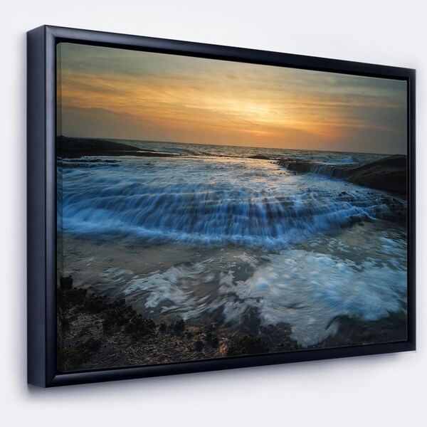 Designart 'Beach with Rushing White Waves' Modern Beach Framed Canvas Art Print