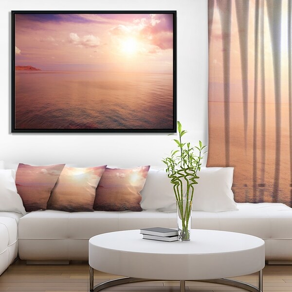 Designart 'Pink Sky Over Dark Beach at Sunset' Large Seashore Framed Canvas Print