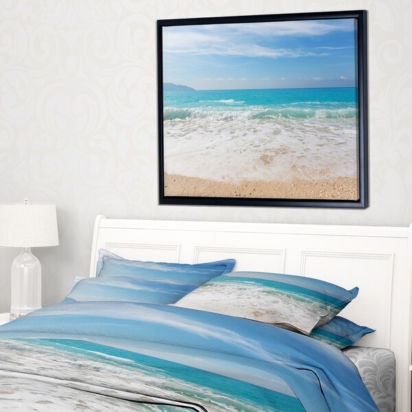 Designart 'White Waves Kissing Beach Sand' Large Seashore Framed Canvas Print