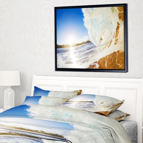 Designart 'Crashing Sandy Ocean Waves' Modern Beach Framed Canvas Art Print