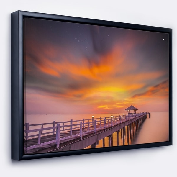 Designart 'Seashore with Long Wooden Pier' Pier Seascape Framed Canvas Art Print