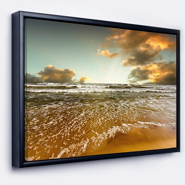 Designart 'Brown Tinged Beach and Cloudy Sky' Seascape Framed Canvas Art Print