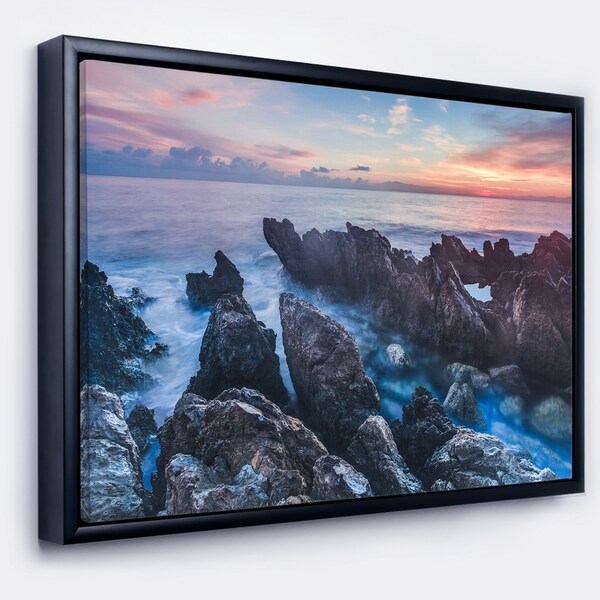 Designart 'Blue Sunrise Over Coast of Sicily' Beach Photo Framed Canvas Print