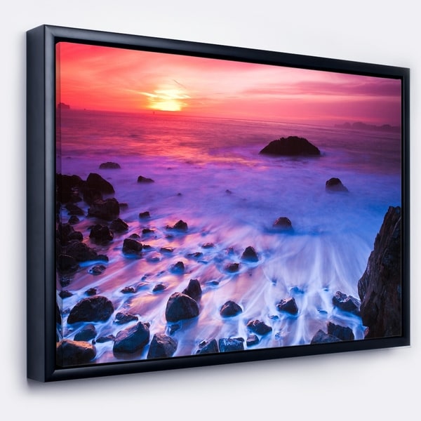 Designart 'Bluish Waters at Sunset Panorama' Modern Seashore Framed Canvas Art