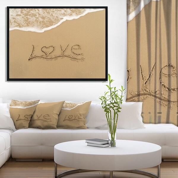 Designart 'Love Written on Sandy Seashore' Seashore Framed Canvas Art Print