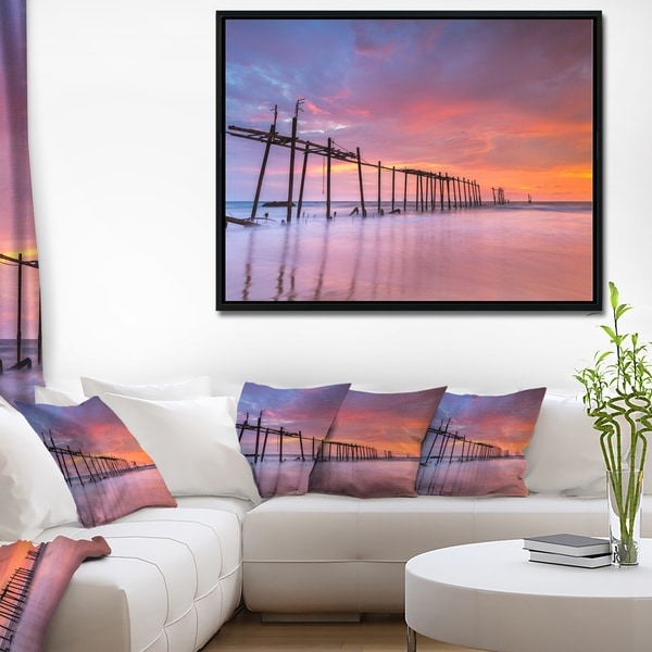 Designart 'Abandoned Wooden Pier at Sunset' Pier Seascape Framed Canvas Art Print