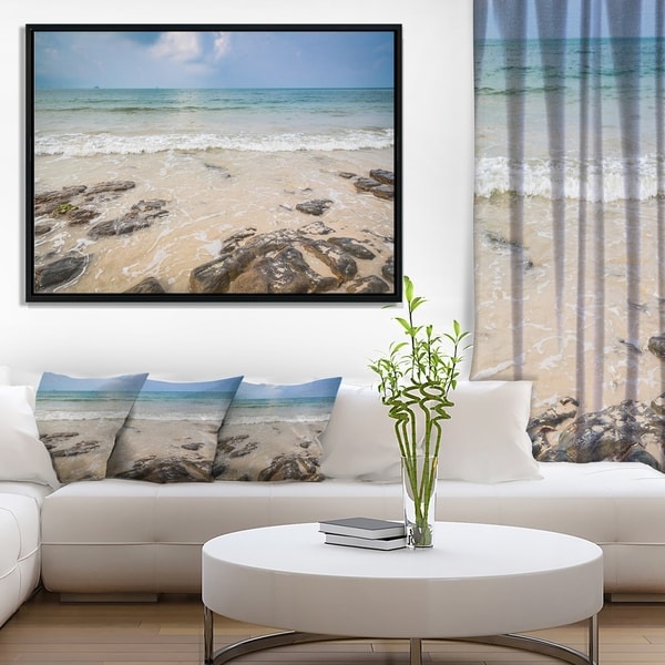 Designart 'Rocks on Typical Tropical Beach' Beach Photo Framed Canvas Print