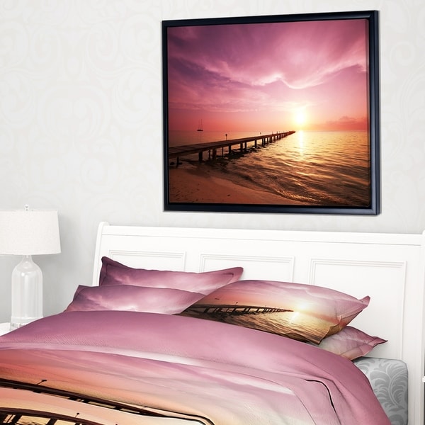 Designart 'Long Boardwalk into Sunset Sea' Bridge Framed Canvas Art Print