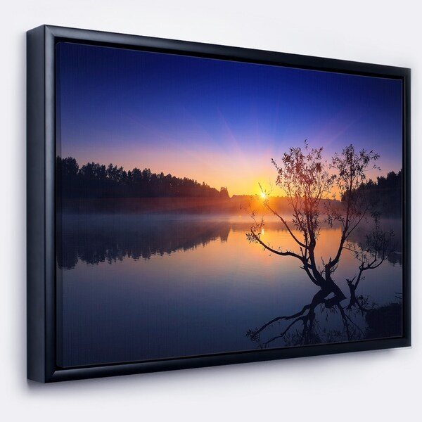 Designart 'Lonely Tree in Pond in Blue' Landscape Framed Canvas Art