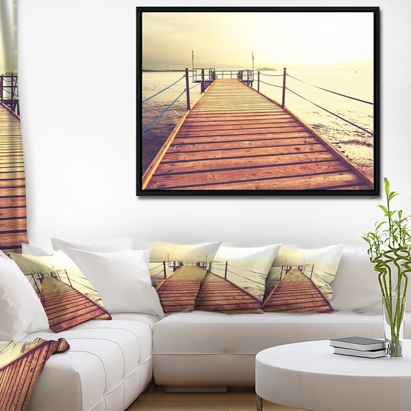 Designart 'Brown Wooden Boardwalk to the Sea' Bridge Framed Canvas Art Print
