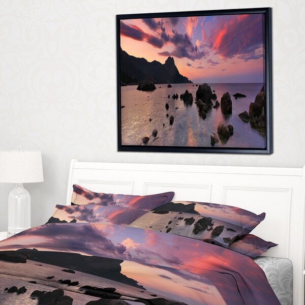 Designart 'Rocky Colorful Beach Panorama' Modern Seashore Framed Canvas Art