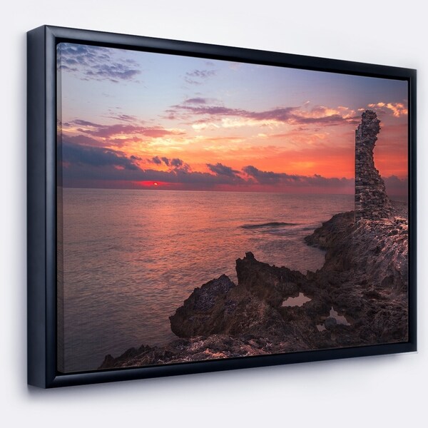 Designart 'Red Rocky Beach with Ancient Ruins' Oversized Beach Framed Canvas Artwork