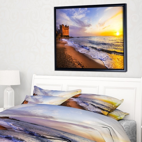 Designart 'Castle Santa Severa over Sunset Italy' Seashore Framed Canvas Art Print