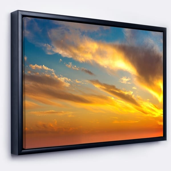 Designart 'Amazing Golden Sky at Sunset' Modern Seashore Framed Canvas Art