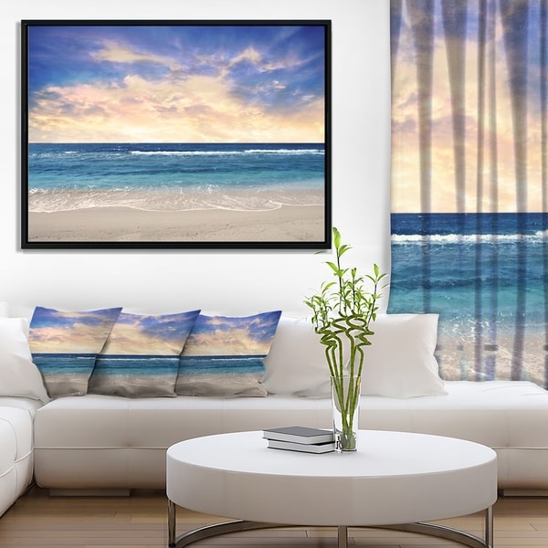 Designart 'Clear Blue Sky and Ocean at Sunset' Extra Large Seascape Art Framed Canvas
