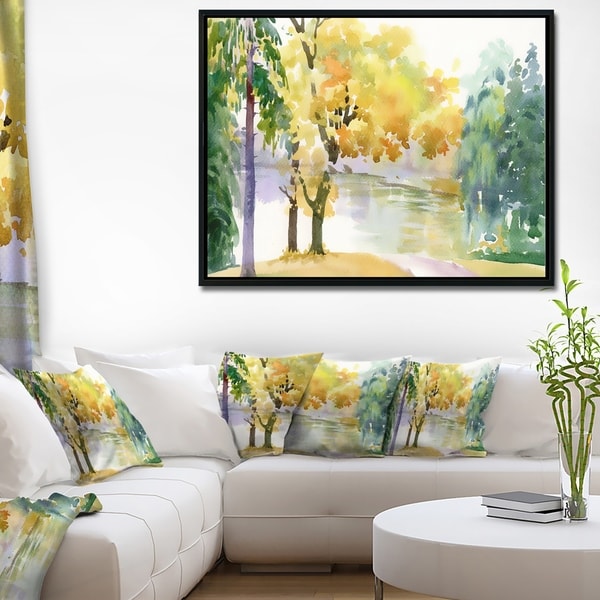 Designart 'Beautiful Autumn Forest Watercolor' Landscape Framed Canvas Art Print