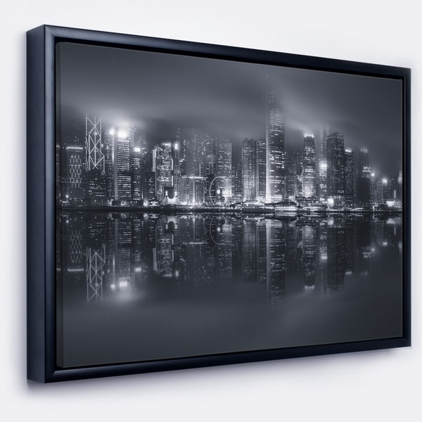 Designart 'Hong Kong Black and White Skyline' Cityscape Framed Canvas Art Print
