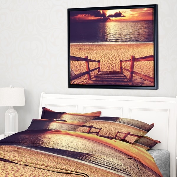 Designart 'Wood Boardwalk in Beach at Evening' Bridge Framed Canvas Art Print