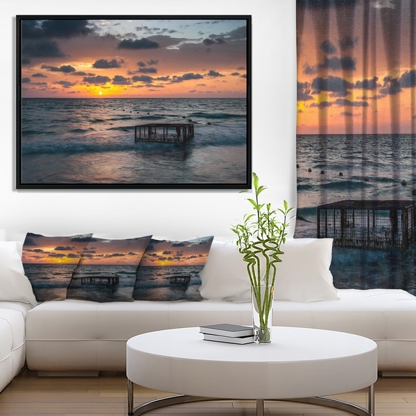 Designart 'Tropical Beach with Empty Cage' Extra Large Seashore Framed Canvas Art