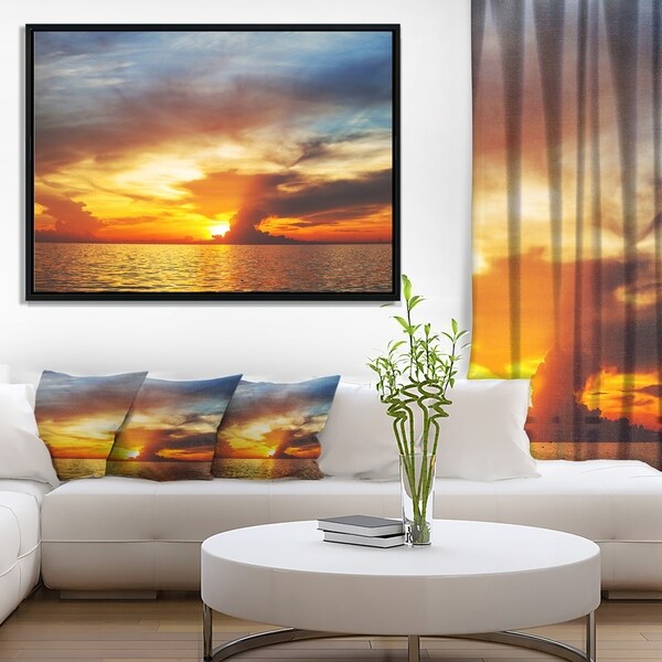 Designart 'Fiery Sky at Sunset Over Sea' Modern Seashore Framed Canvas Art
