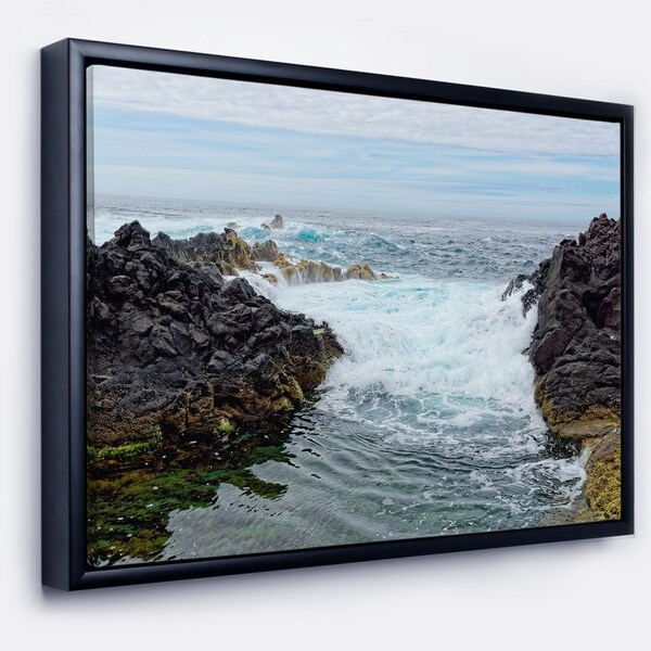 Designart 'Splashing Waters to Mossy Rock' Extra Large Seashore Framed Canvas Art