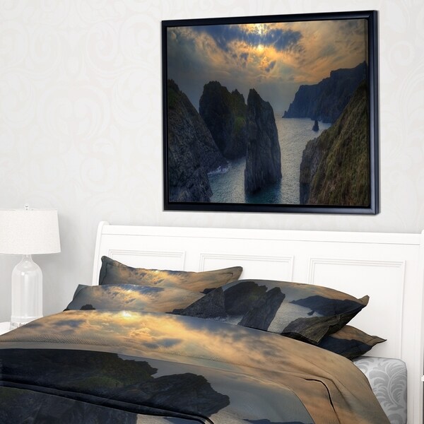 Designart 'Dark Rocky Panorama Coastline' Extra Large Seashore Framed Canvas Art