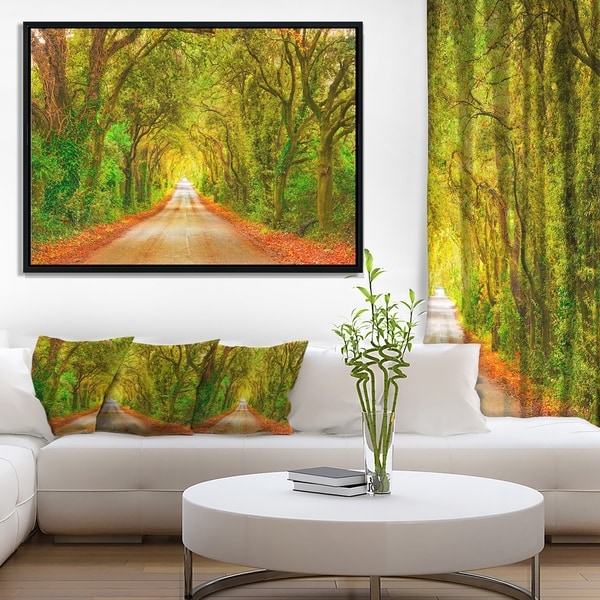 Designart 'Fall Greenery and Road Straight Ahead' Oversized Forest Framed Canvas Art