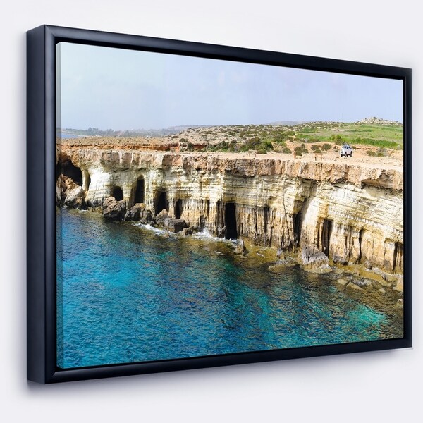 Designart 'Sea Caves near Cape Greko Panorama' Modern Seascape Framed Canvas Artwork