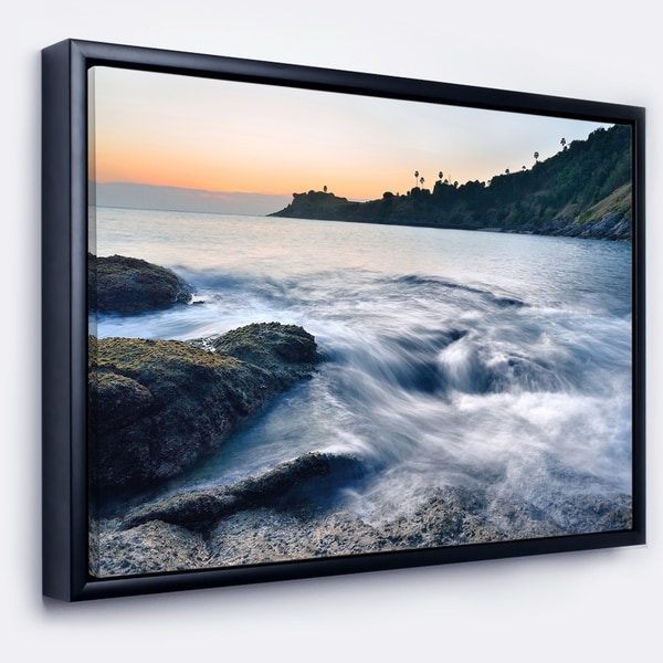 Designart 'Slow Motion Sea Waves over Rocks' Modern Seascape Framed Canvas Artwork