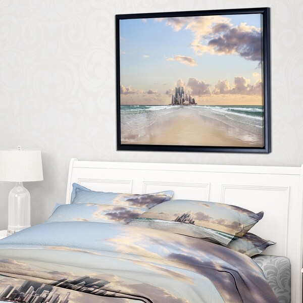 Designart 'Road along the Beach to City' Modern Seascape Framed Canvas Artwork