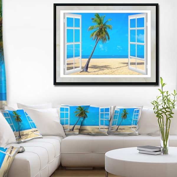 Designart 'Open Window to Beach with Palm' Extra Large Seashore Framed Canvas Art