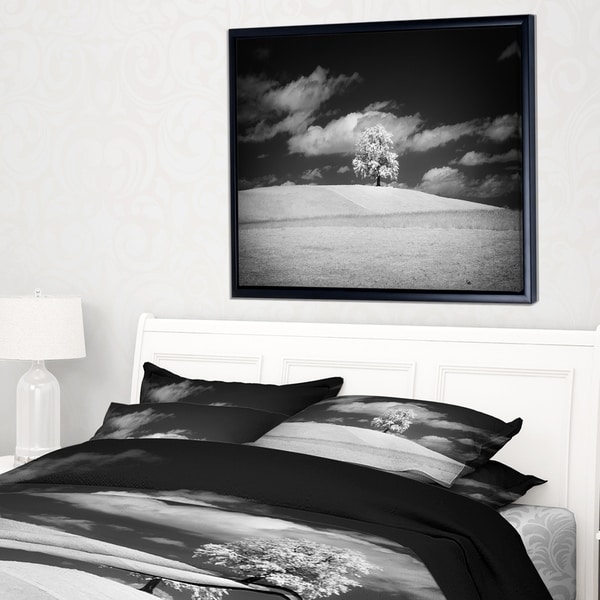 Designart 'Lonely Tree on Meadow Black White' Landscape Artwork Framed Canvas
