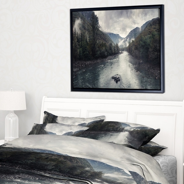 Designart 'Mountain River with Fog and Rain' Modern Seascape Framed Canvas Artwork