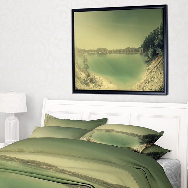 Designart 'Blurred Sea with Mountain Views' Modern Seascape Framed Canvas Artwork