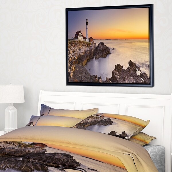 Designart 'Portland Head Lighthouse Maine' Modern Seascape Framed Canvas Artwork