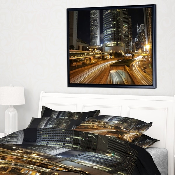 Designart 'Skyscrapers and Busy Traffic' Cityscape Framed Canvas Art Print