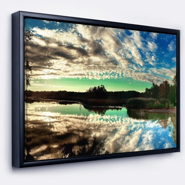 Designart 'Sky Clouds Mirrored in River Panorama' Landscape Framed Canvas Art Print