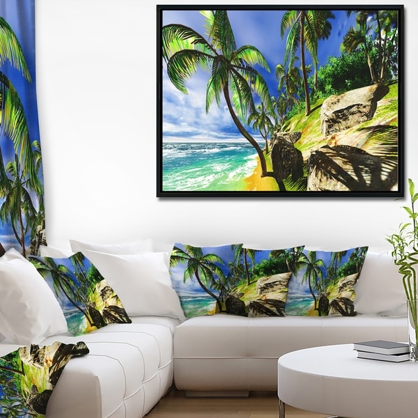 Designart 'Palms in Hawaii Island Beach' Modern Seascape Framed Canvas Artwork