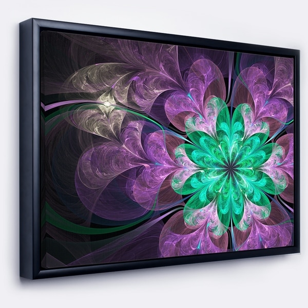 Designart 'Glittering Purple Green Fractal Flower' Floral Framed Canvas Art Print