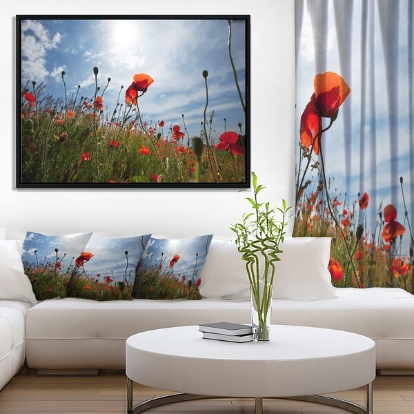 Designart 'Poppy Flower Field View From Ground' Floral Framed Canvas Art Print